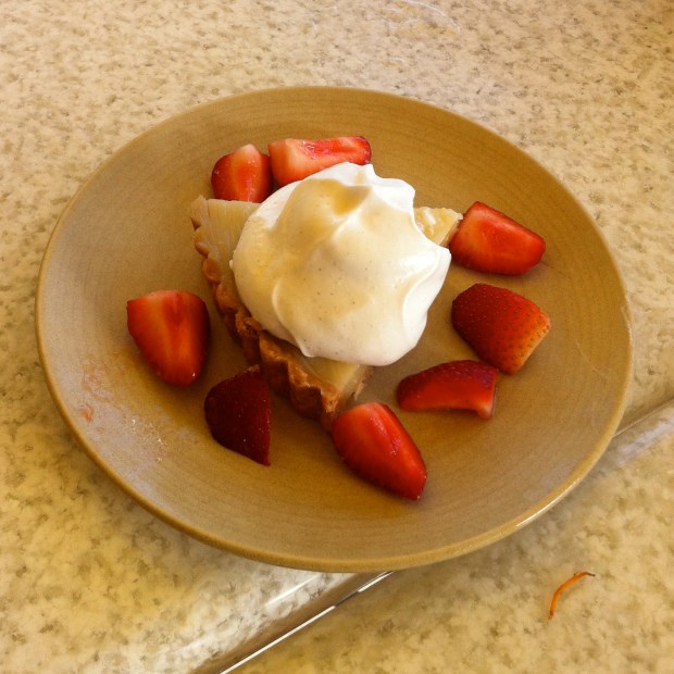 Lemon Pie with coconut cream and strawberries (summer seasonal dessert)