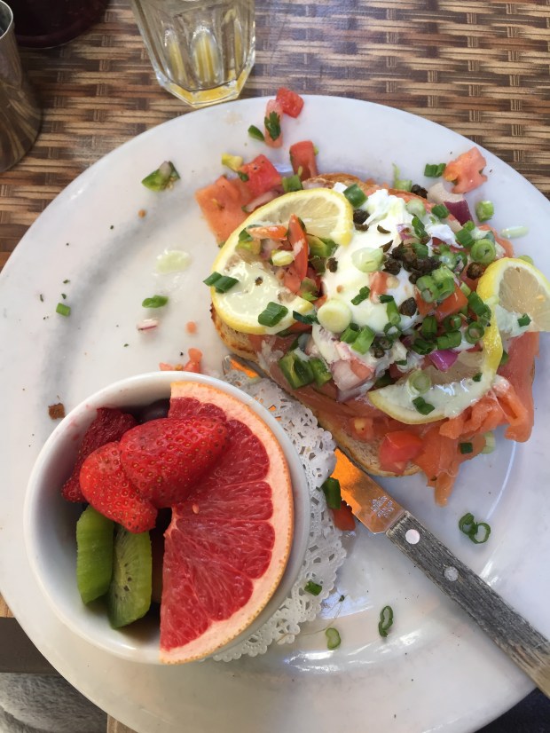Salmon Open Face (a poached egg and avocado on garlic sourdough)